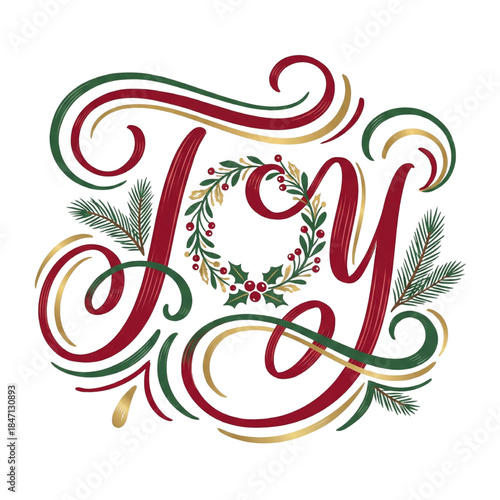 Vibrant Christmas joy typography with holly wreath and pine branches