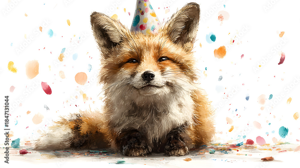 Naklejka premium Cute fox wearing a party hat celebrating with colorful confetti