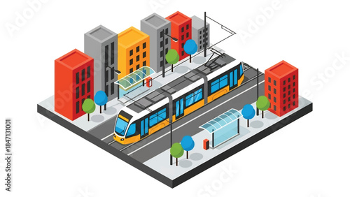 Isometric vector 3D view of a modern city tram system running through urban streets, efficient public rail transportation and sustainable mobility concept