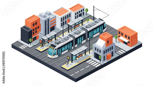 Isometric vector 3D view of a modern city tram system running through urban streets, efficient public rail transportation and sustainable mobility concept
