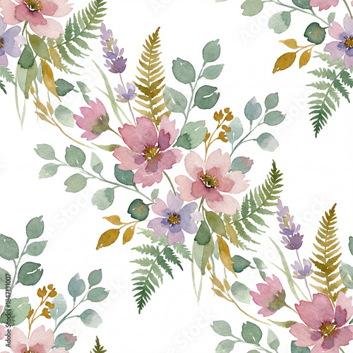 A delicate, seamless watercolor pattern of soft pink and purple blossoms, green eucalyptus leaves, and fern fronds on a clean white background.