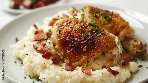 Fototapeta Naklejka Na Ścianę i Meble -  Roasted Chicken Thigh on Mashed Potatoes with Bacon and Chives