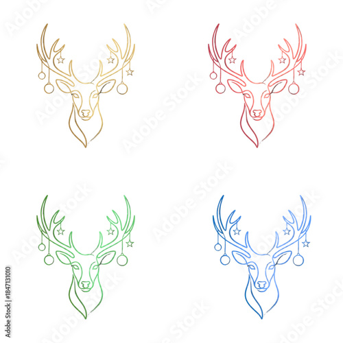 Vibrant Christmas reindeer illustrations in gold, red, green, and blue