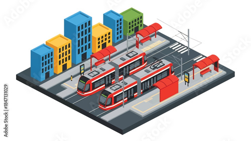 Isometric vector 3D view of a modern city tram system running through urban streets, efficient public rail transportation and sustainable mobility concept