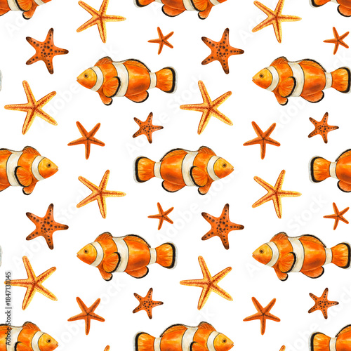 Картината върху платно Orange clownfish and starfish, seamless watercolor pattern on a white background