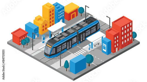 Isometric vector 3D view of a modern city tram system running through urban streets, efficient public rail transportation and sustainable mobility concept
