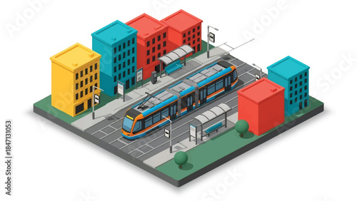 Isometric vector 3D view of a modern city tram system running through urban streets, efficient public rail transportation and sustainable mobility concept