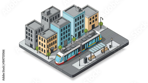 Isometric vector 3D view of a modern city tram system running through urban streets, efficient public rail transportation and sustainable mobility concept