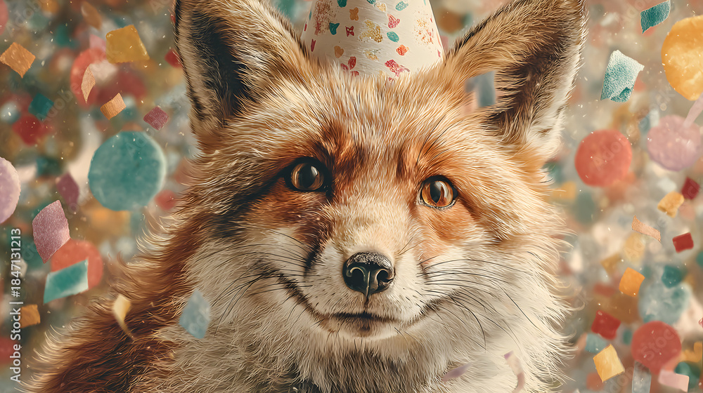 Obraz premium Cute fox wearing a party hat celebrating with colorful confetti