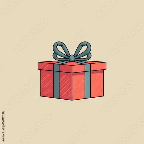 Celebration Gift Box. Red Present with Teal Ribbon & Bow. Special Occasion Icon.