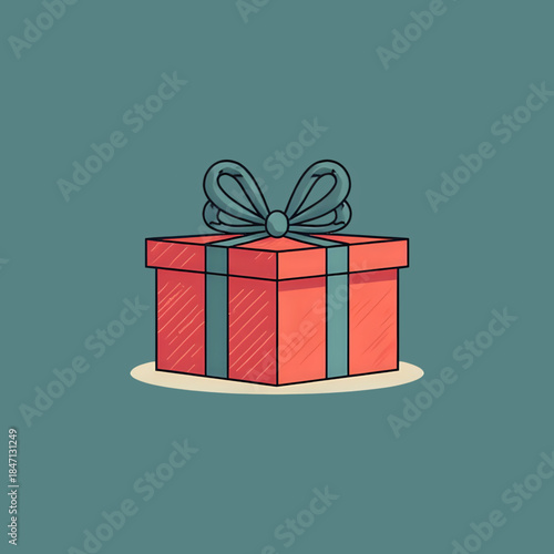 Red Gift Box with Teal Ribbon and Bow on Solid Teal Background Illustration