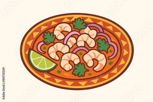 Stylized Ecuadorian Cuisine Illustration: Ceviche with Lime, Onions, and Cilantro on Traditional Plate, Minimalistic Vector on White Background