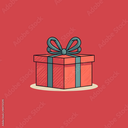 Vibrant Red Gift Box Illustration with Teal Ribbon and Bow for Celebrations and Holidays