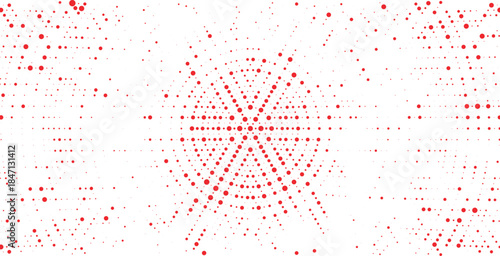 Red halftone radial grid burst for creative posters, modern branding, digital layouts, abstract graphic design vector illustration