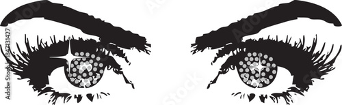 A stylish black and white vector illustration of beautiful female eyes with long eyelashes and detailed eyebrows. Perfect for fashion designs, beauty branding, makeup logos, cosmetic packaging