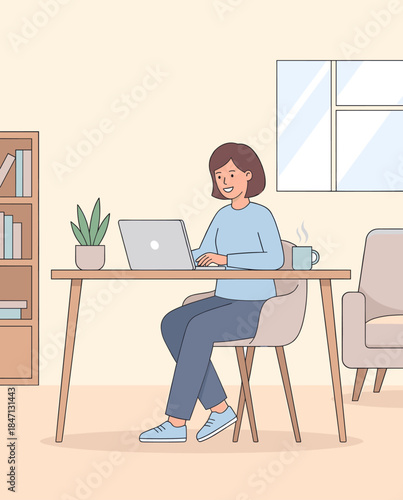 A smiling woman works on her laptop at a wooden desk in a cozy home office, with a plant, mug, and bookshelf nearby.