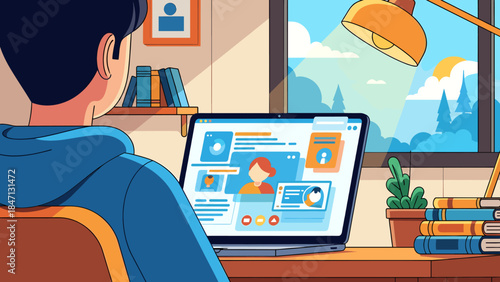 A person engaged in an online video call on a laptop at a desk, with a window view and books.