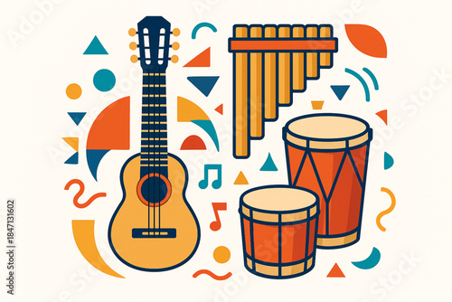 Stylized Ecuadorian Music Illustration with Charango, Rondador, Drums, Abstract Geometric Vector Art, White Background