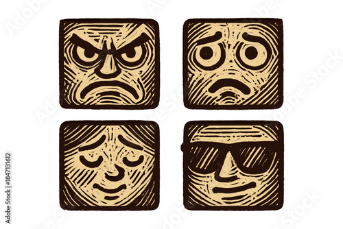 Retro woodcut style emotional faces with vintage expressions