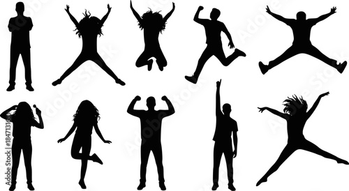 Silhouettes of young people jumping. Vector silhouettes man and women, illustration. Transparent background EPS version.