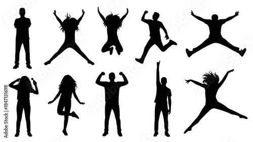 Silhouettes of young people jumping. Vector silhouettes man and women, illustration. Transparent background SVG version.