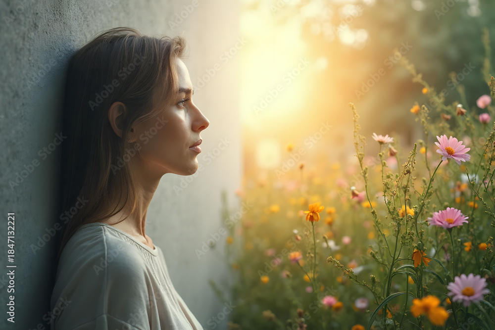 Naklejka premium Woman Finding Hope and New Perspective by Looking from Grey Wall to Colorful Nature - AI generated