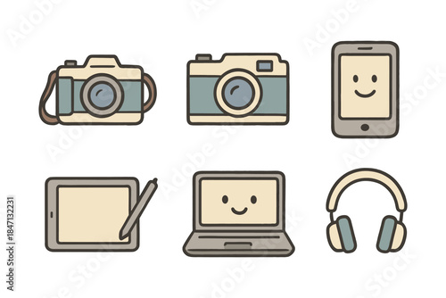 Vintage cameras and modern gadgets in cute flat style with smiling faces