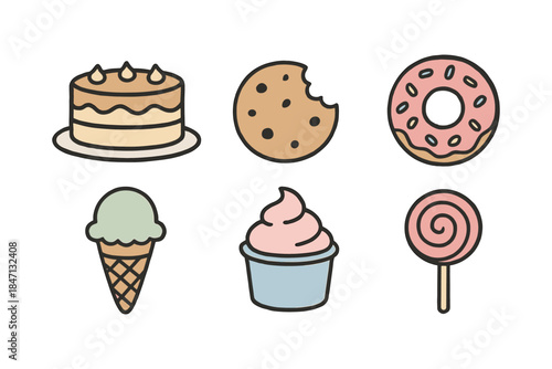 Flat design sweet treats: cake, cookie, donut, ice cream, cupcake, lollipop