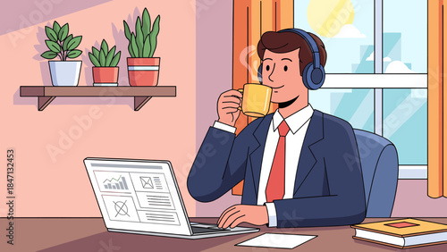 A man in a suit and headphones working remotely on a laptop, drinking coffee at his home office desk with plants and sunlight.