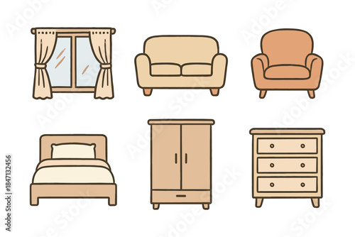 Cozy home furniture set with bed, sofa, armchair, and window in a flat style on white background