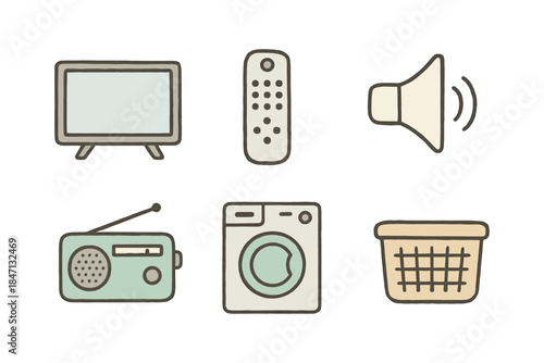 Hand drawn home appliances icons: television, remote, speaker, radio, washer, basket