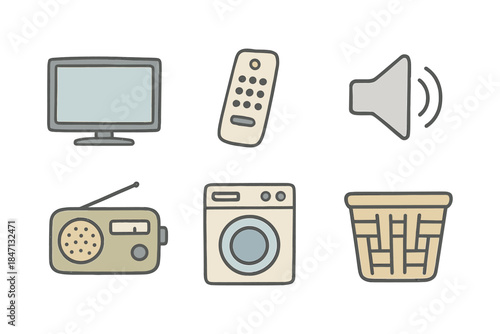 Vintage electronics and home appliances icons in flat style