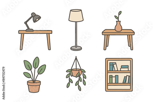 Cozy home decor elements featuring plants, furniture, and lighting in minimalist style