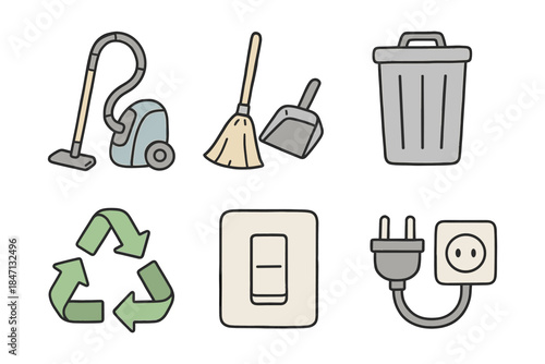 Home cleaning and recycling icon set – flat style essentials for sustainable living