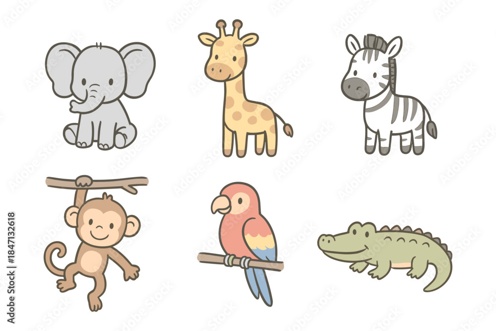 Fototapeta premium Cute jungle animals collection: baby elephant, giraffe, zebra, monkey, parrot, crocodile