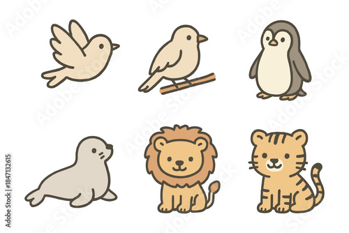 Cute animal icons collection featuring bird, penguin, seal, lion, and tiger in pastel tones