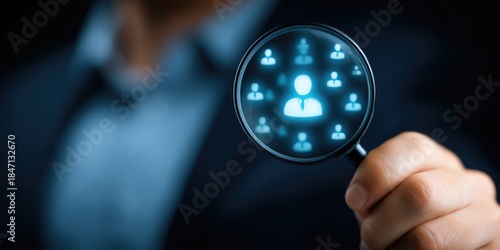 Hand holding magnifying glass on digital icons