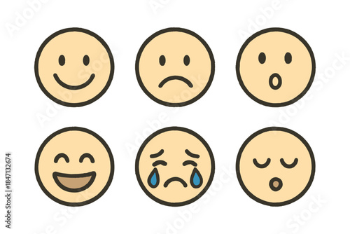 Simple hand drawn emoji faces: happiness, sadness, surprise, laughter, tears, calm
