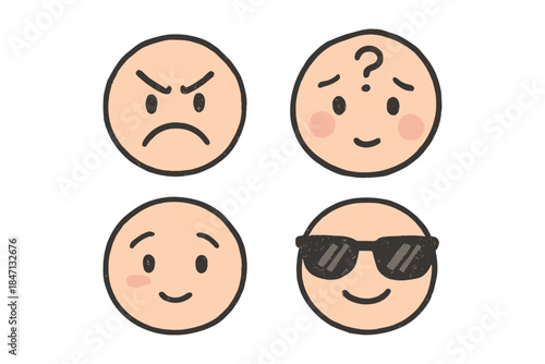Cartoon emoji faces with different expressions and accessories