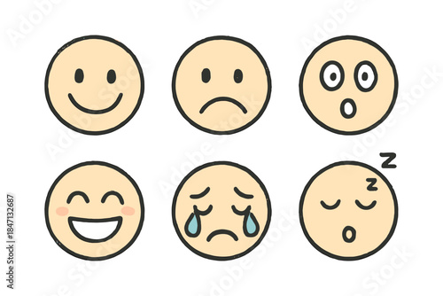 Set of simple hand-drawn emoji faces expressing various emotions