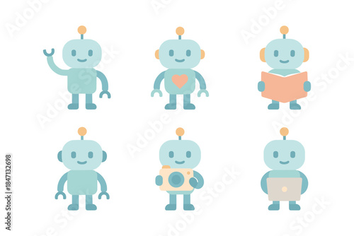 Collection of cute cartoon robots engaged in various activities on white background