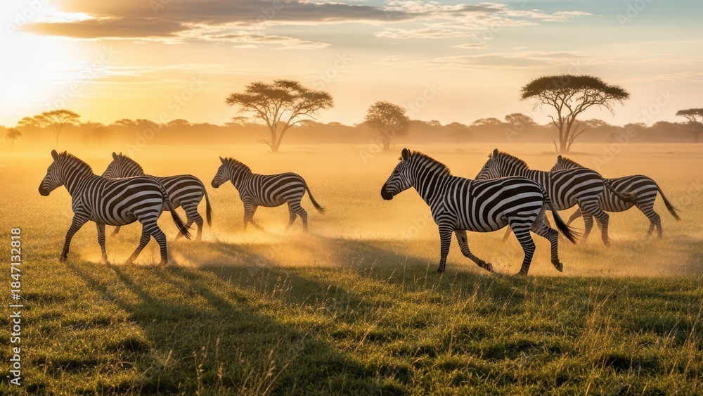 Obraz premium Zebras grazing in african savanna at sunrise with breathtaking landscape and acacia trees