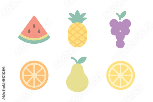 Fruit icons collection: watermelon, pineapple, and more in pastel colors