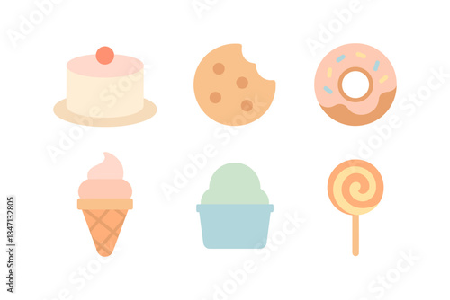 Cute pastel dessert icons: cake, cookie, donut, ice cream, and lollipop