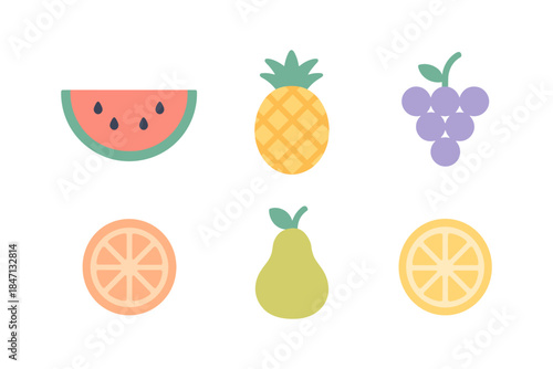 Colorful flat style fruit icons featuring pineapple, watermelon, and grapes