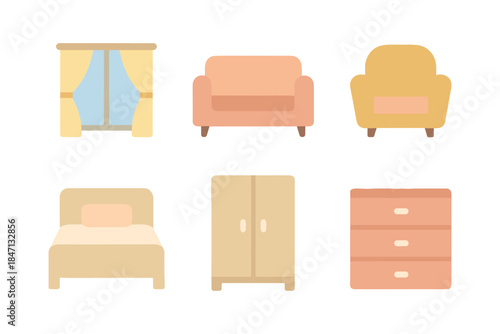 Minimalistic furniture set including sofa, armchair, bed, wardrobe, chest of drawers, and curtains