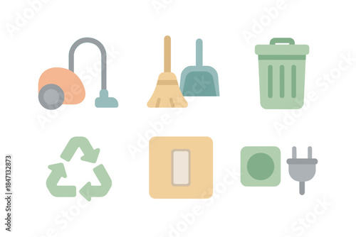 Home cleaning and recycling icon set with pastel colors