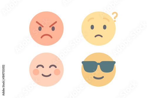 Colorful emoji faces expressing anger, confusion, happiness, and coolness