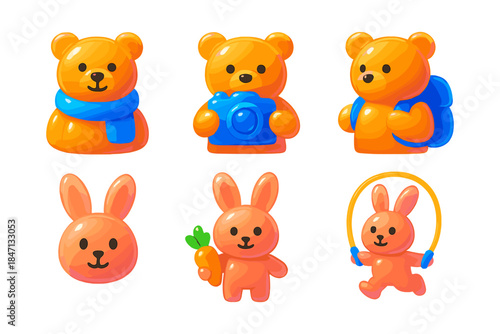 Adorable animal figurines with bears and bunnies in colorful cartoon style
