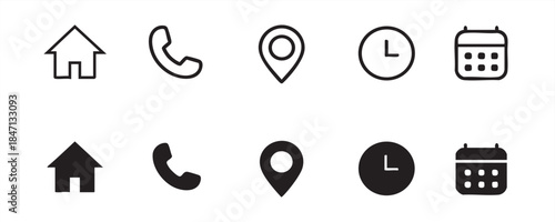 Home, Call, location, date and time icon set of vector illustration isolated on transparent background.